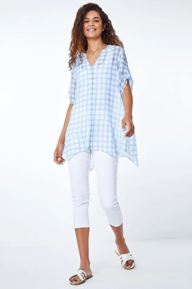 Blue Textured Check Hanky Hem Blouse Women Roman Tops