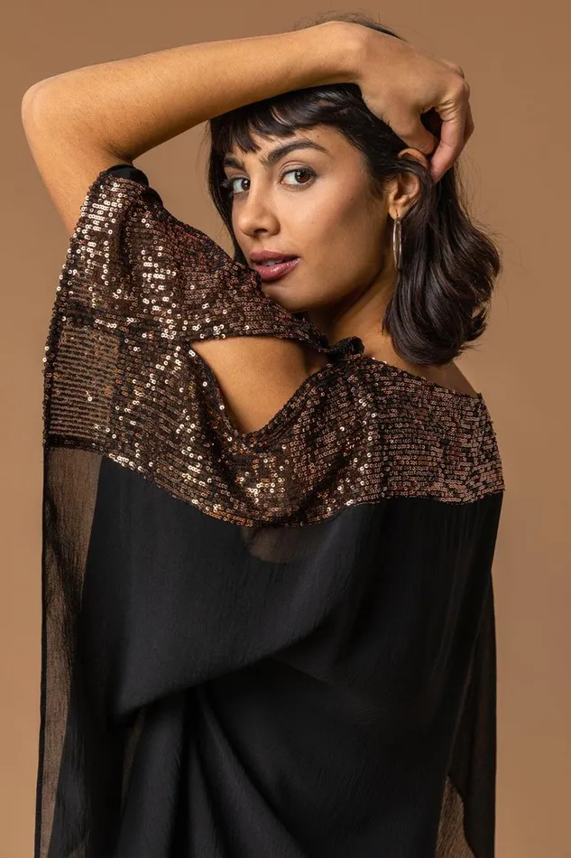 Bronze Sequin Embellished Chiffon Overlay Top Women Roman Tops