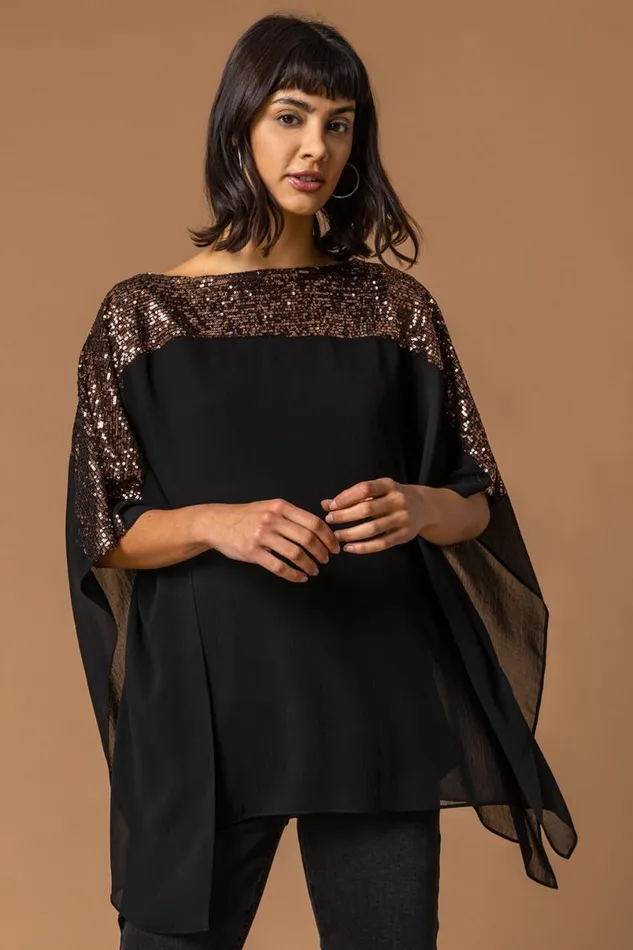 Bronze Sequin Embellished Chiffon Overlay Top Women Roman Tops