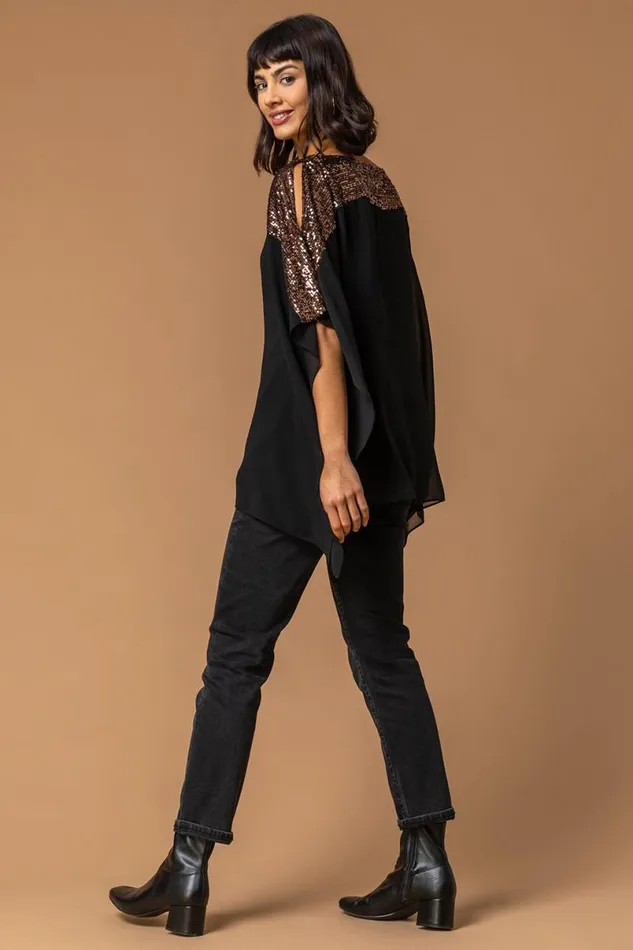 Bronze Sequin Embellished Chiffon Overlay Top Women Roman Tops