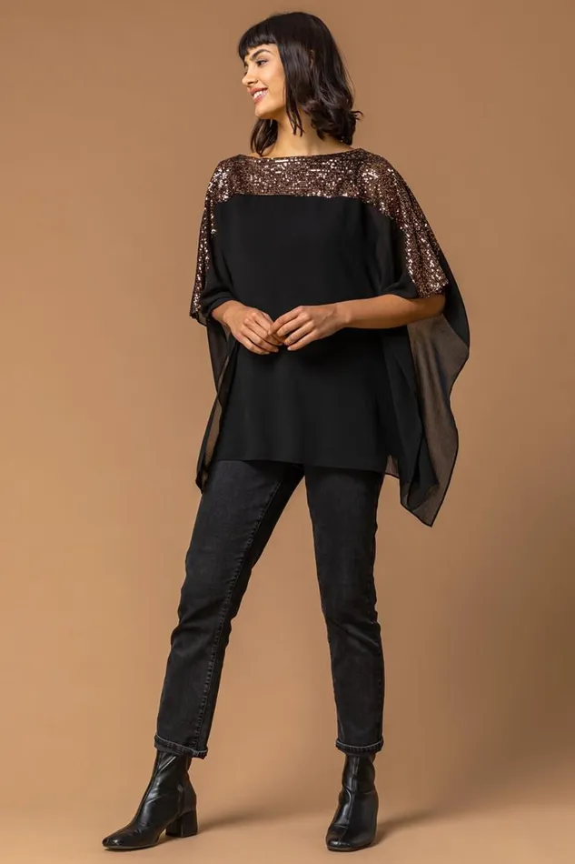 Bronze Sequin Embellished Chiffon Overlay Top Women Roman Tops
