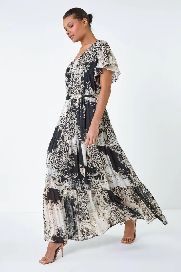 Brown Animal Shimmer Tiered Maxi Dress Women Roman Dresses