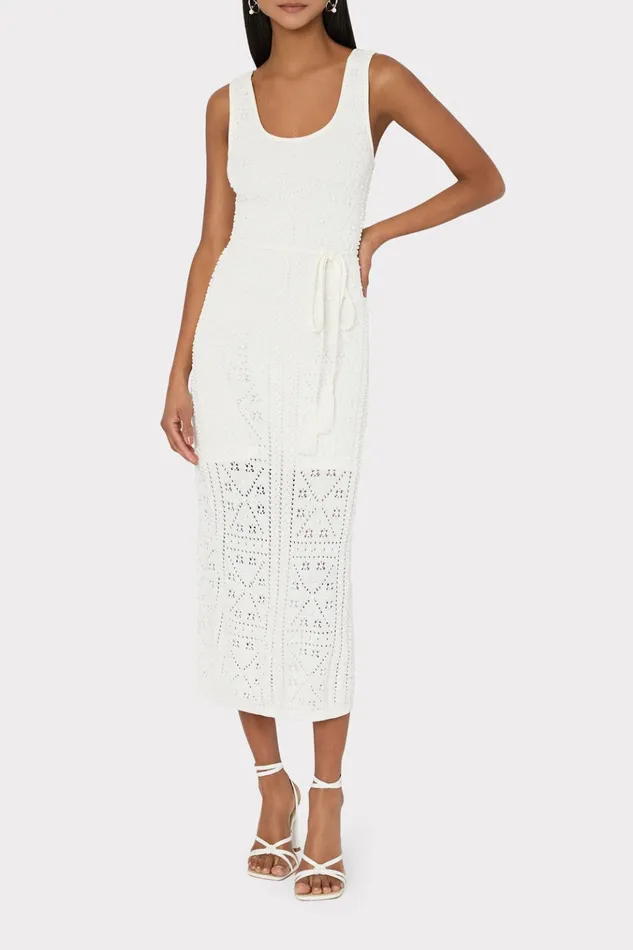 Bubble Pointelle Knit Midi Dress Ecru Women Milly Sweaters and Knits