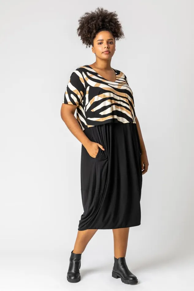 Camel Curve Tiger Print Contrast Print Jersey Dress Women Roman Dresses