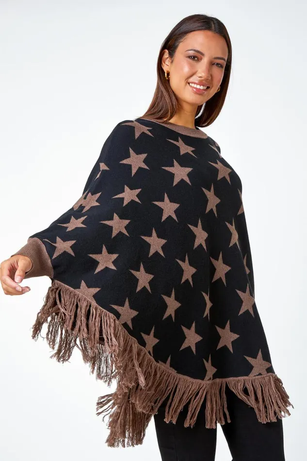 Camel Star Print Wool Blend Fringed Poncho Women Roman Knitwear