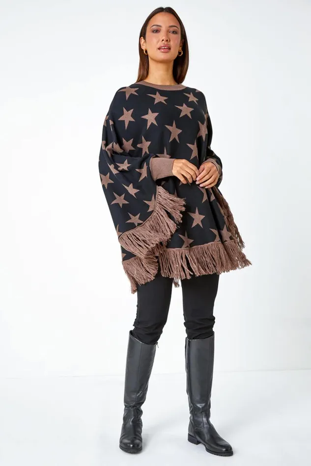 Camel Star Print Wool Blend Fringed Poncho Women Roman Knitwear