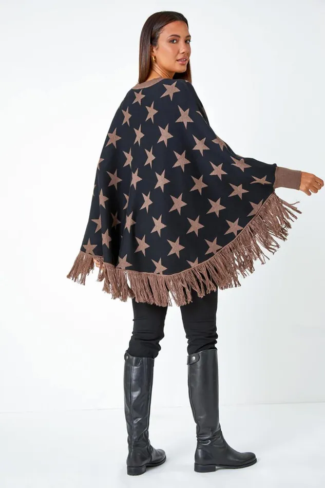 Camel Star Print Wool Blend Fringed Poncho Women Roman Knitwear