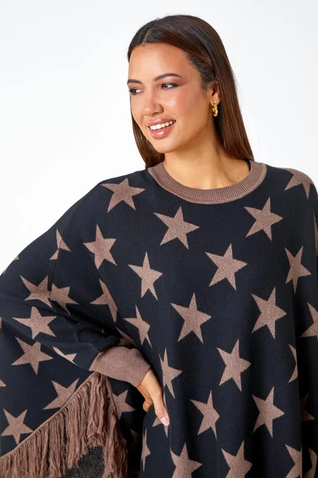 Camel Star Print Wool Blend Fringed Poncho Women Roman Knitwear