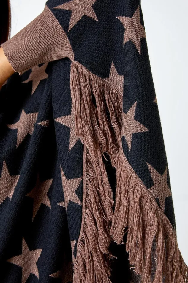 Camel Star Print Wool Blend Fringed Poncho Women Roman Knitwear