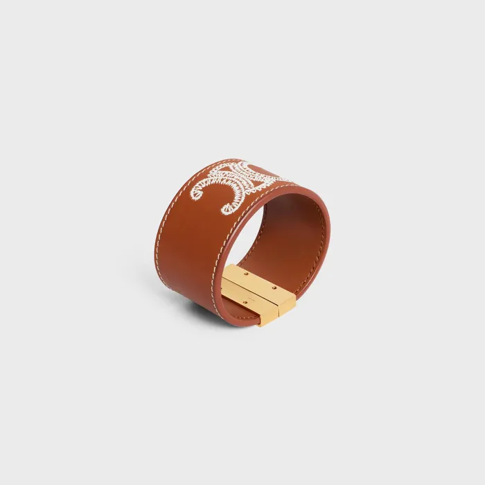Celine Bracelets Triomphe Embroidered Leather Bracelet In Brass With Gold Finish And Calfskin 8211 Tan Ecru 8211 Women