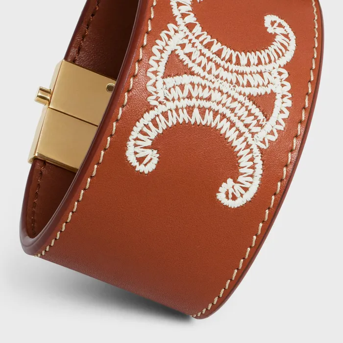 Celine Bracelets Triomphe Embroidered Leather Bracelet In Brass With Gold Finish And Calfskin 8211 Tan Ecru 8211 Women