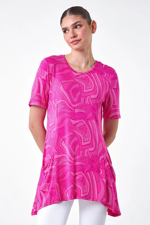 Cerise Abstract Spot Pocket Stretch Tunic Top Women Roman Tops