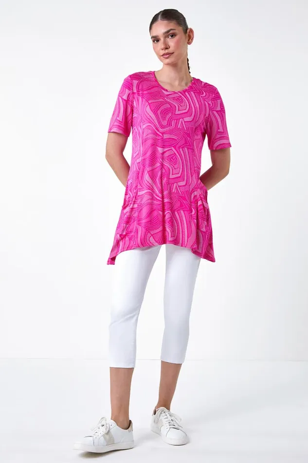 Cerise Abstract Spot Pocket Stretch Tunic Top Women Roman Tops