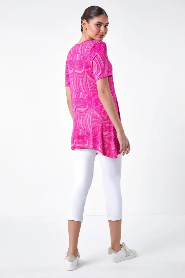 Cerise Abstract Spot Pocket Stretch Tunic Top Women Roman Tops