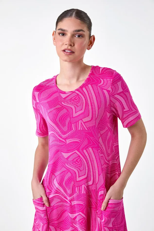 Cerise Abstract Spot Pocket Stretch Tunic Top Women Roman Tops