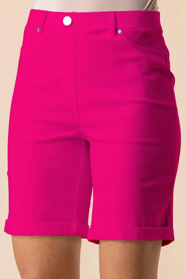 Cerise Elastic Waist Turn Up Stretch Shorts Women Roman Trousers