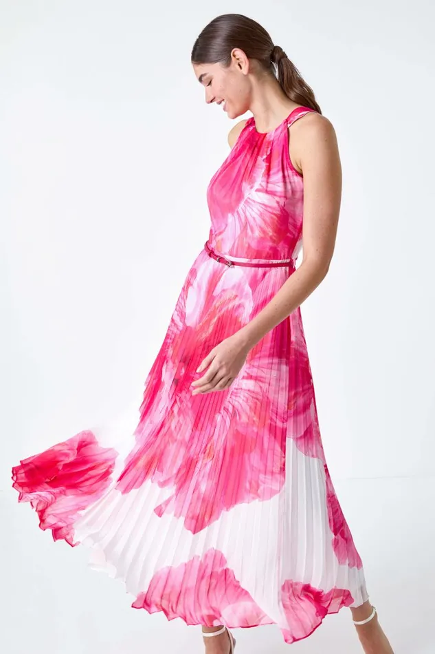 Cerise Floral Pleated Halterneck Maxi Dress Women Roman Dresses