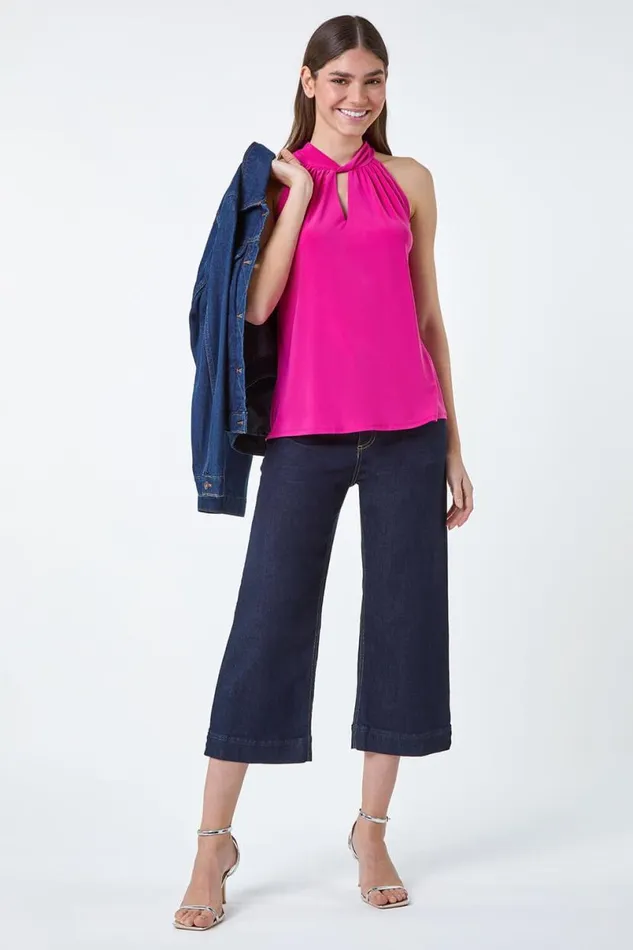 Cerise Twist Neck Tie Back Stretch Top Women Roman Tops