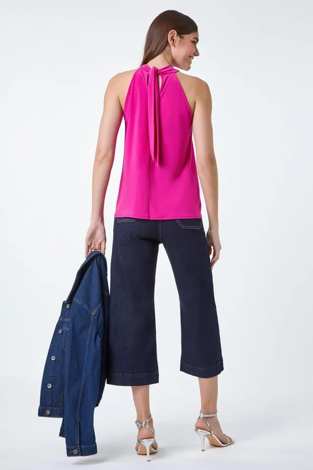 Cerise Twist Neck Tie Back Stretch Top Women Roman Tops