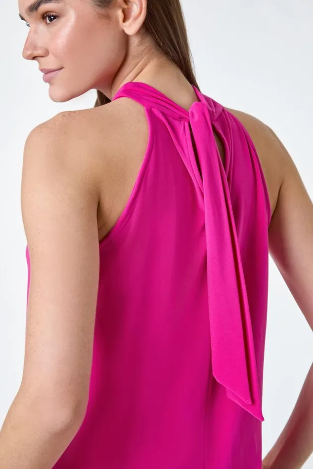 Cerise Twist Neck Tie Back Stretch Top Women Roman Tops