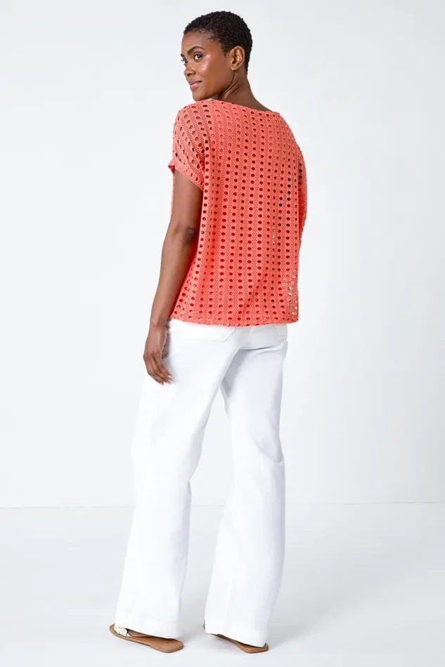 Coral Cut Out Detail Stretch Top Women Roman Tops