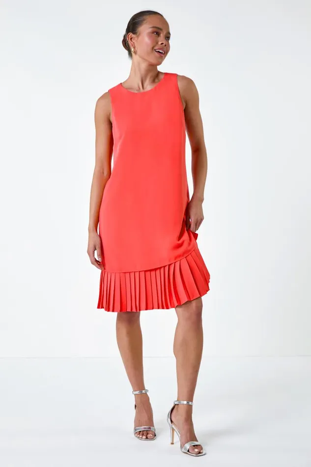 Coral Petite Sleeveless Pleated Hem Shift Dress Women Roman Dresses