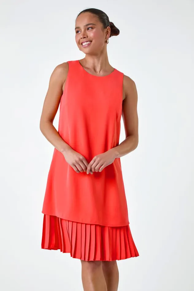 Coral Petite Sleeveless Pleated Hem Shift Dress Women Roman Dresses