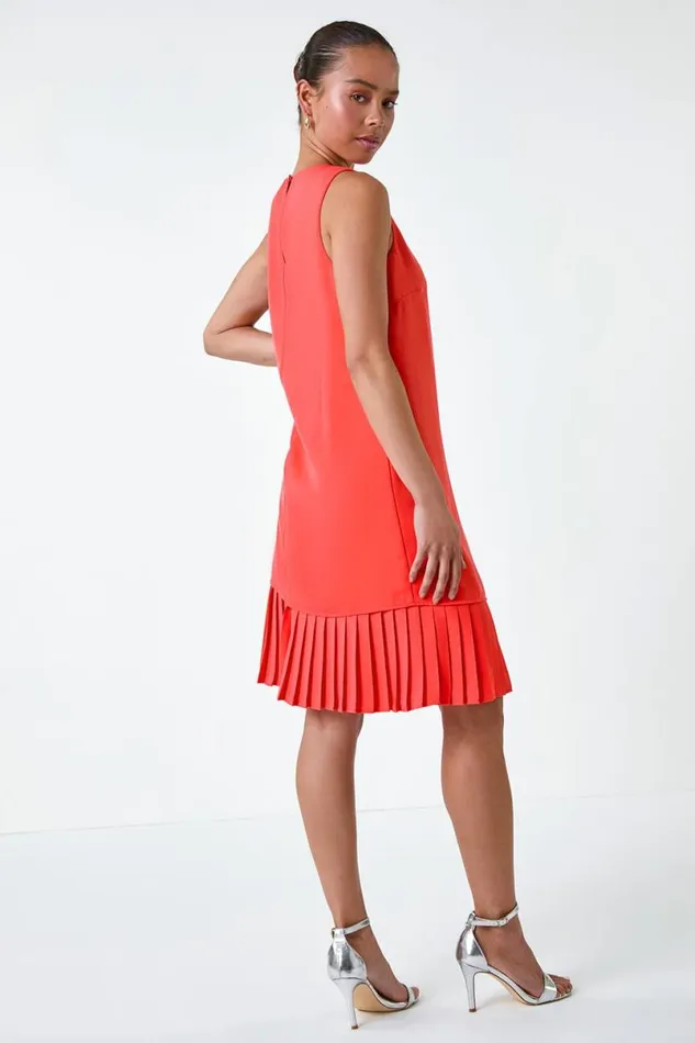 Coral Petite Sleeveless Pleated Hem Shift Dress Women Roman Dresses