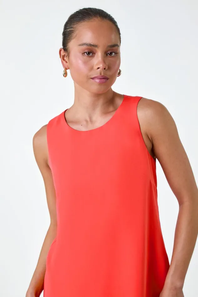 Coral Petite Sleeveless Pleated Hem Shift Dress Women Roman Dresses