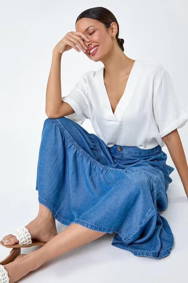 Dark Blue Denim Wash A Line Tiered Maxi Skirt Women Roman Skirts