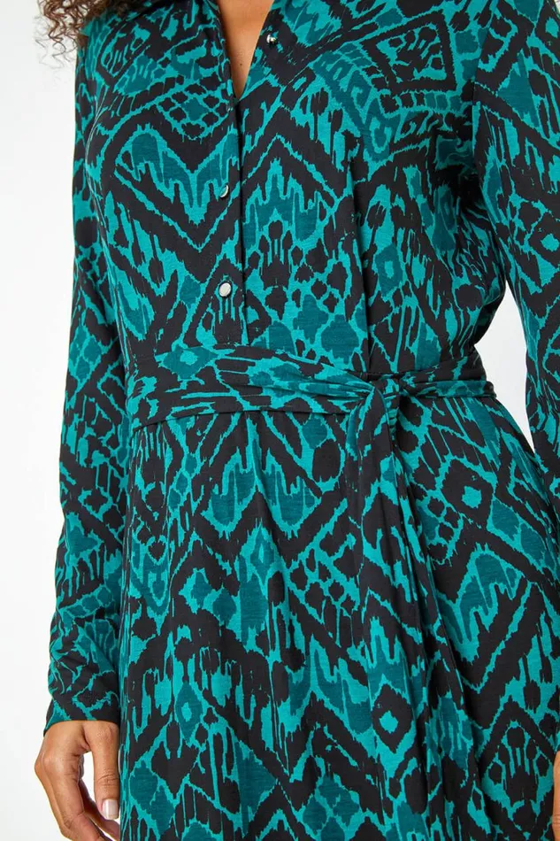Dark Green Abstract Print Midi Stretch Shirt Dress Women Roman Dresses
