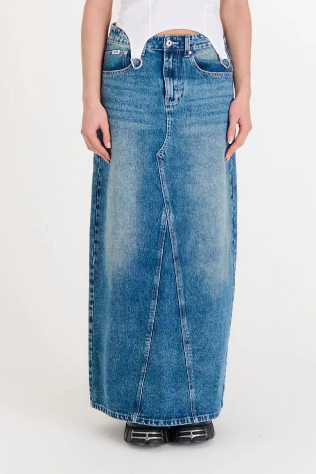 Denim Maxi Skirt Bleach Blue Women The Ragged Priest Skirts and Shorts