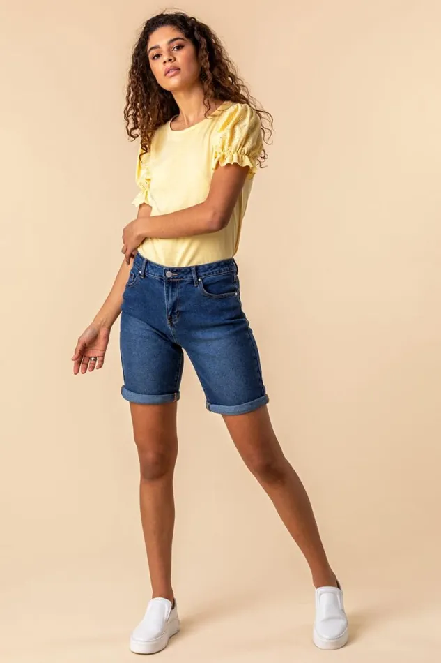 Denim Turned Hem Denim Stretch Shorts Women Roman Shorts
