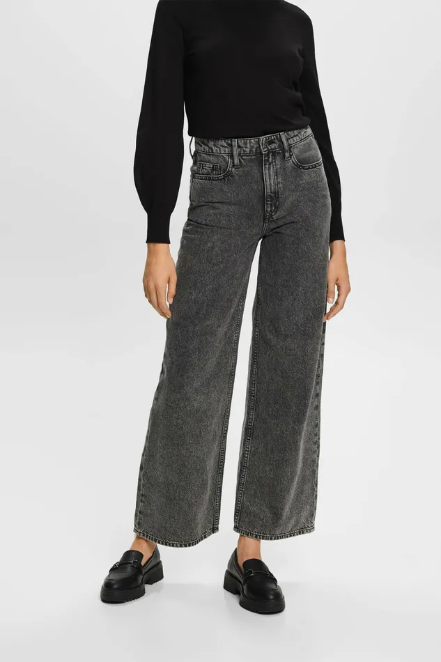 Denim Women Esprit HighRise Retro WideLeg Jeans Grey Dark Washed