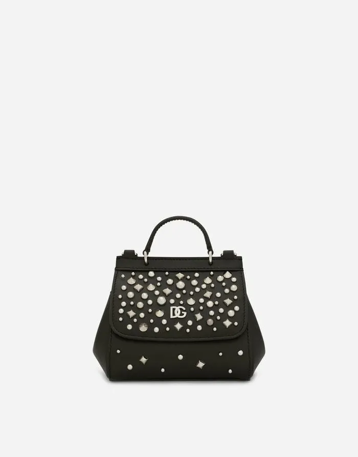 Dolce and Gabbana Accessories Children Leather Sicily Mini Bag With Studs Black