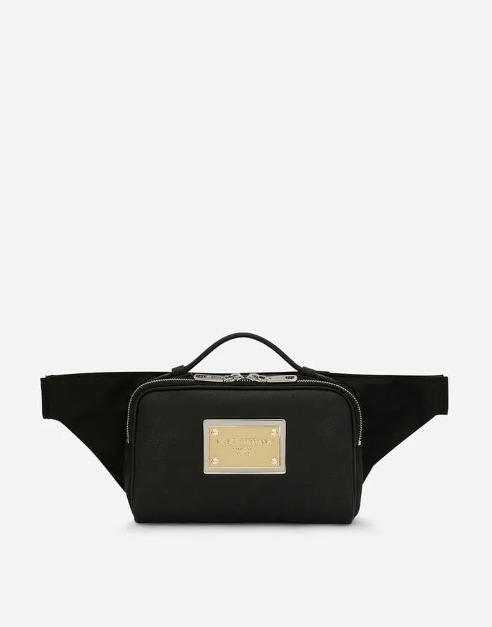 Dolce and Gabbana Backpacks And Fanny Packs Men Grainy Calfskin Belt Bag Black