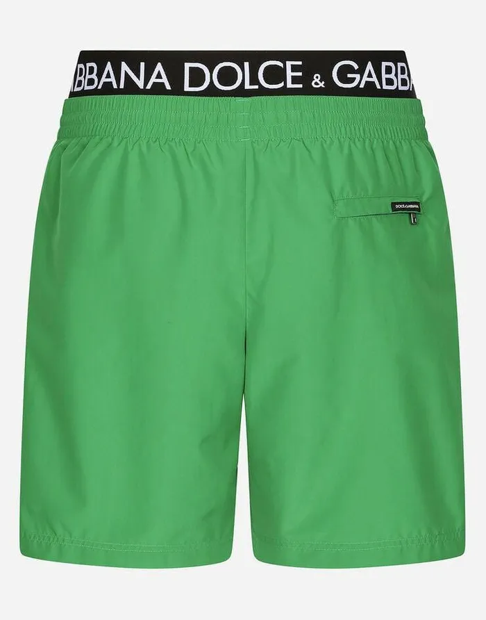 Dolce and Gabbana Beachwear Men Midlength Swim Trunks With Branded Band Green