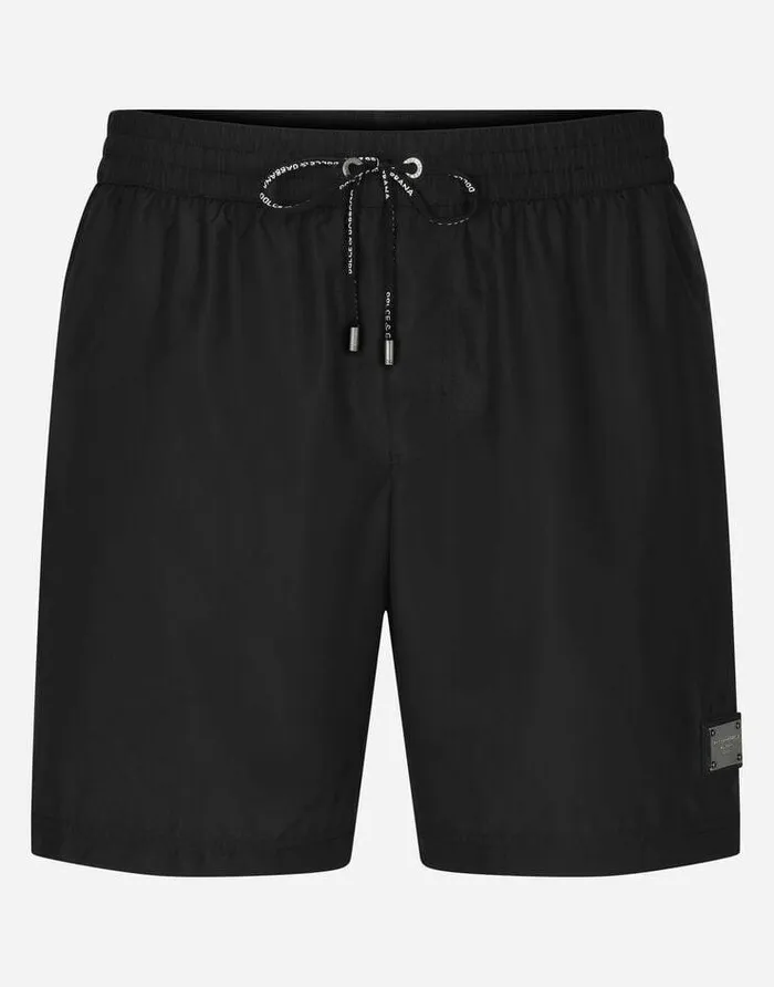 Dolce and Gabbana Beachwear Men Midlength Swim Trunks With Branded Plate Black