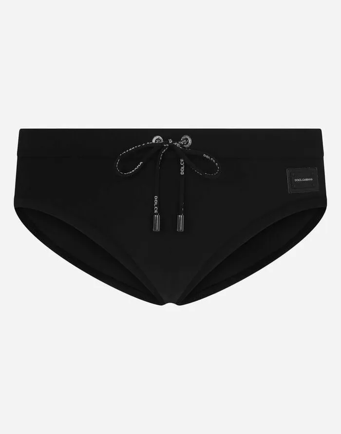 Dolce and Gabbana Beachwear Men Swim Briefs With Highcut Leg And Branded Metal Plate Black