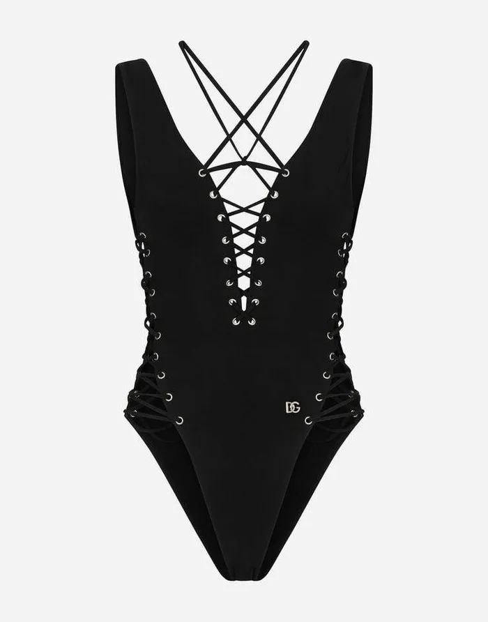 Dolce and Gabbana Beachwear Women Onepiece Swimsuit With Plunging Neckline And Lacing And Eyelets Black