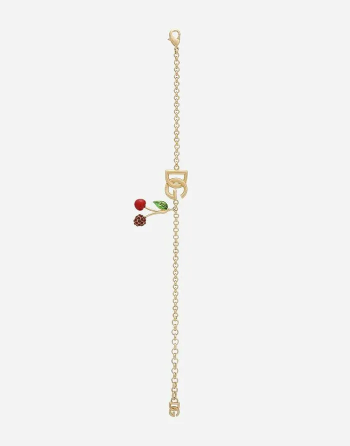 Dolce and Gabbana Bijoux Women Bracelet With DG Logo And Cherry Charms Gold Dolce and Gabbana Bijoux Women Bracelet With DG Logo And Cherry Charms Gold