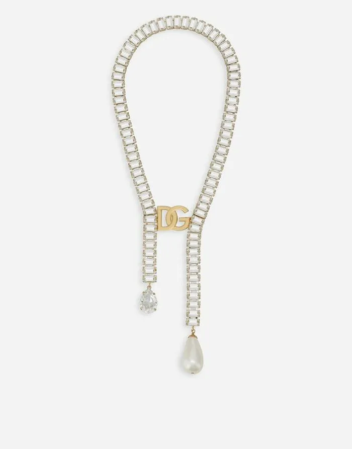 Dolce and Gabbana Bijoux Women Necklace With Pearls Rhinestones And DG Logo Gold