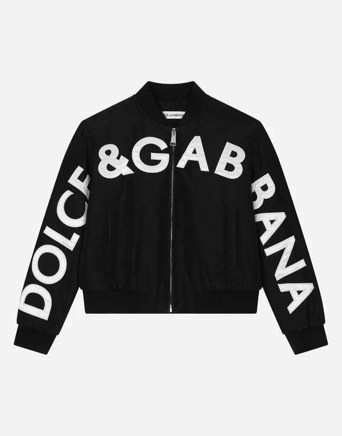 Dolce and Gabbana Coats And Jackets Children Canvas Bomber Jacket With Logo Embroidery Black Dolce and Gabbana Coats And Jackets Children Canvas Bomber Jacket With Logo Embroidery Black