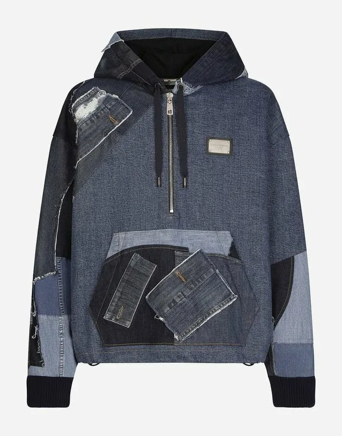 Dolce and Gabbana Coats And Jackets Men Stretch Patchwork Denim Hoodie Multicolor