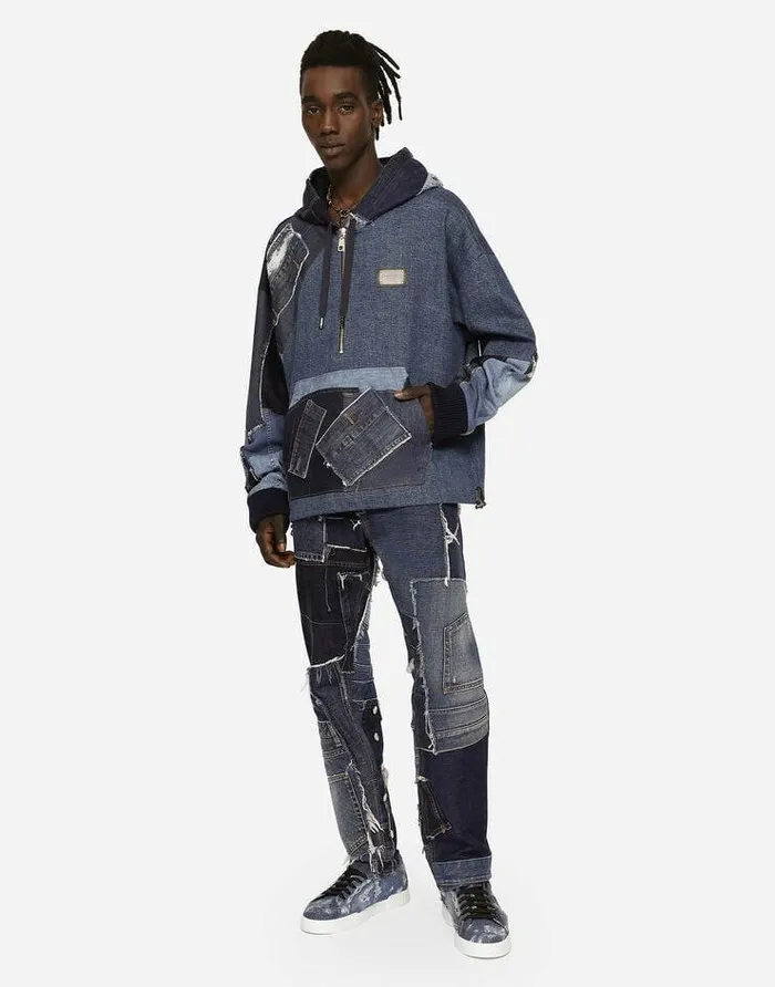 Dolce and Gabbana Coats And Jackets Men Stretch Patchwork Denim Hoodie Multicolor