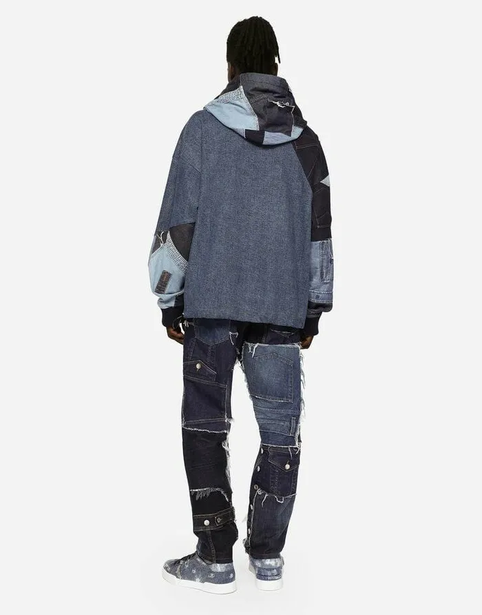Dolce and Gabbana Coats And Jackets Men Stretch Patchwork Denim Hoodie Multicolor