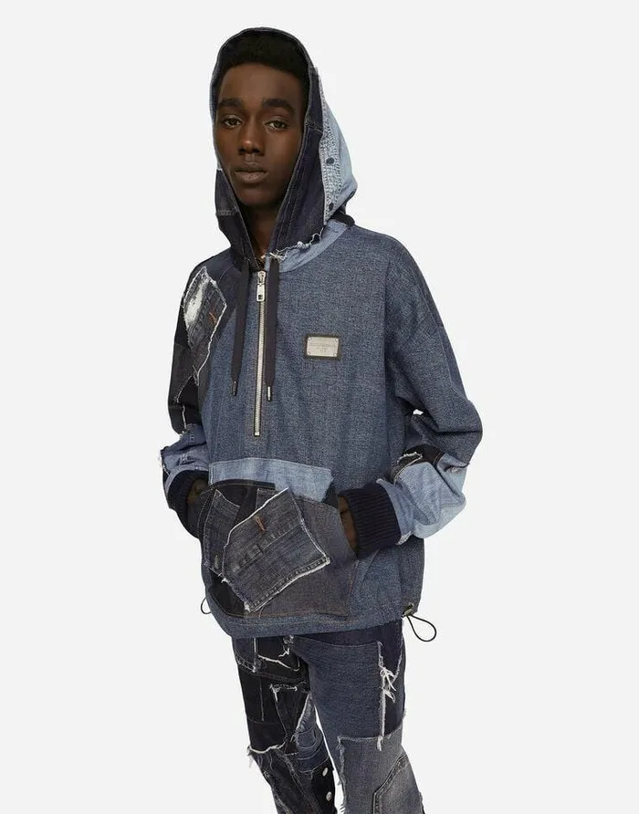Dolce and Gabbana Coats And Jackets Men Stretch Patchwork Denim Hoodie Multicolor