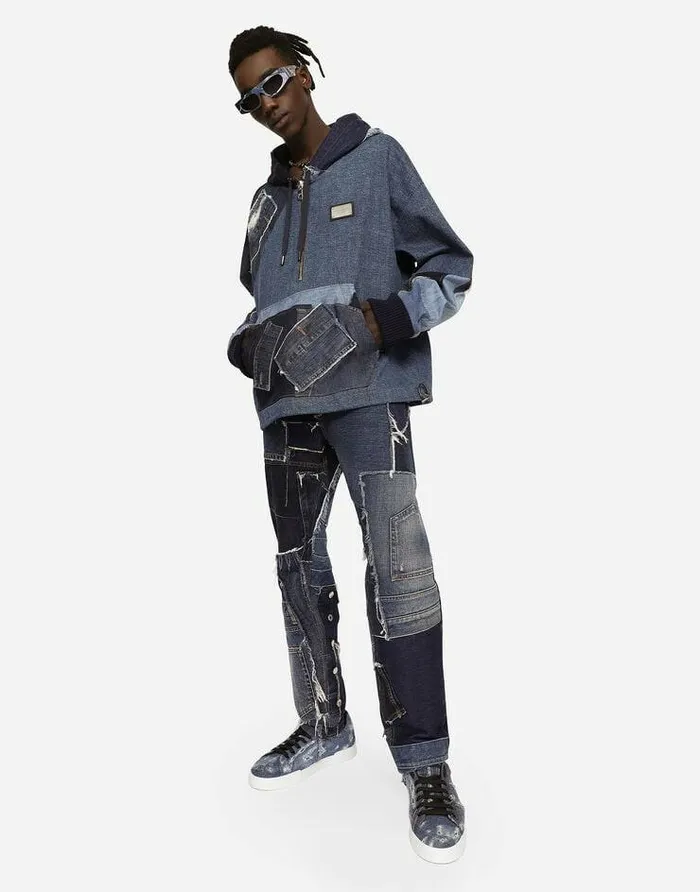 Dolce and Gabbana Coats And Jackets Men Stretch Patchwork Denim Hoodie Multicolor