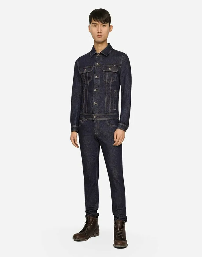 Dolce and Gabbana Denim Men Skinny Stretch Denim Jeans With Flocked Logo Tag Multicolor