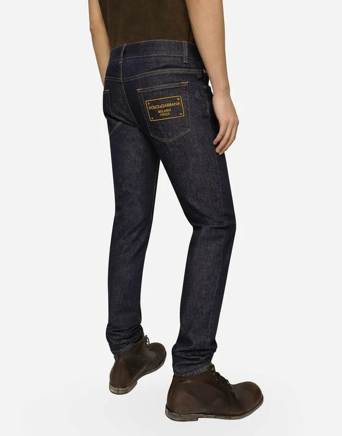 Dolce and Gabbana Denim Men Skinny Stretch Denim Jeans With Flocked Logo Tag Multicolor